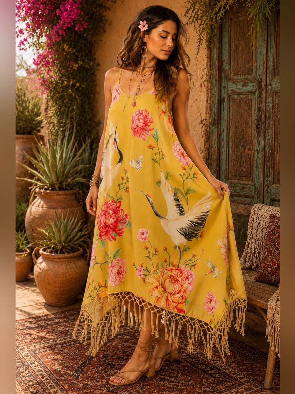 Aratta Mustard Floral Crane Fringe Slip Dress